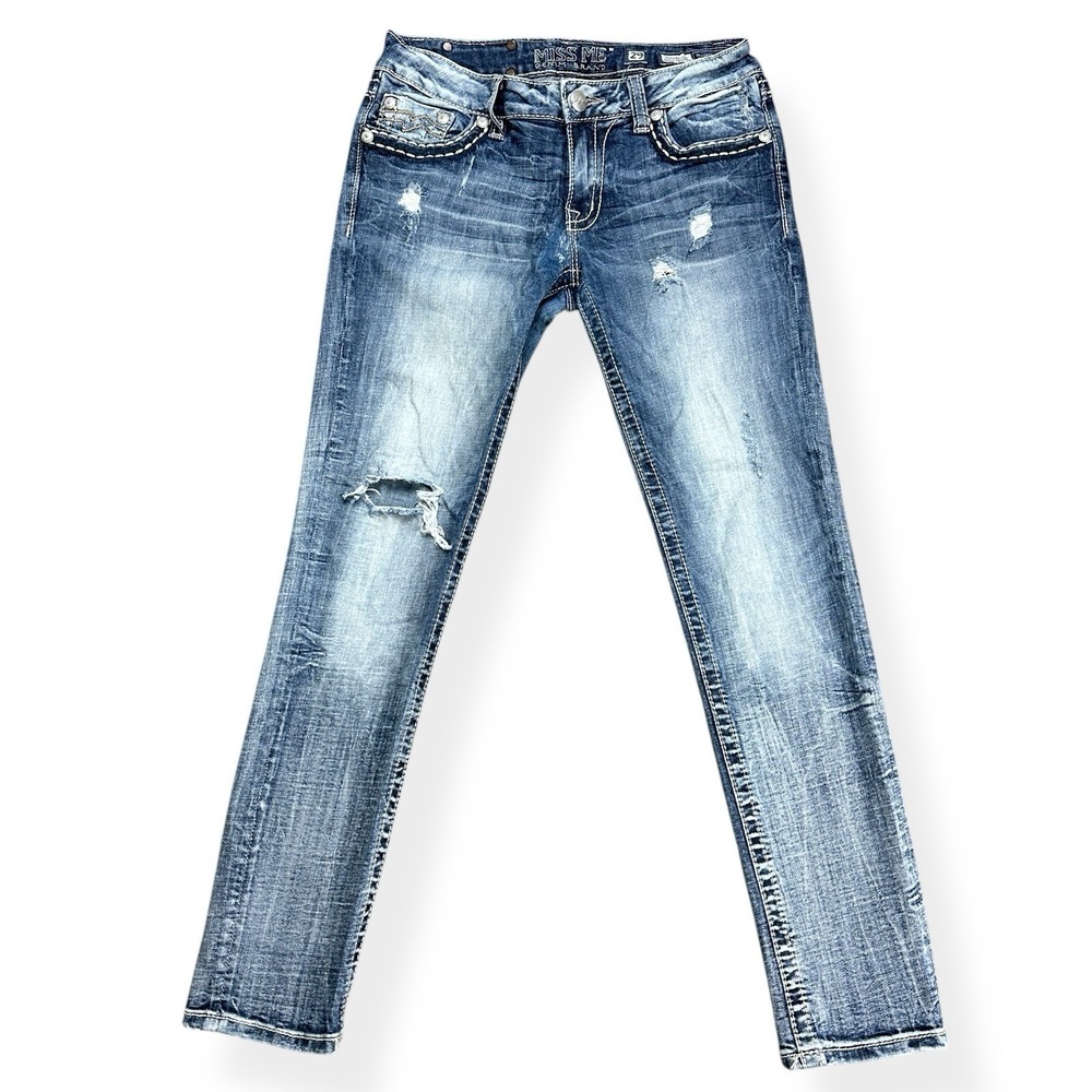 Miss Me Women's Ankle Cropped Jeans Distressed Embroidered Size 29 Blue Denim - Picture 3 of 15